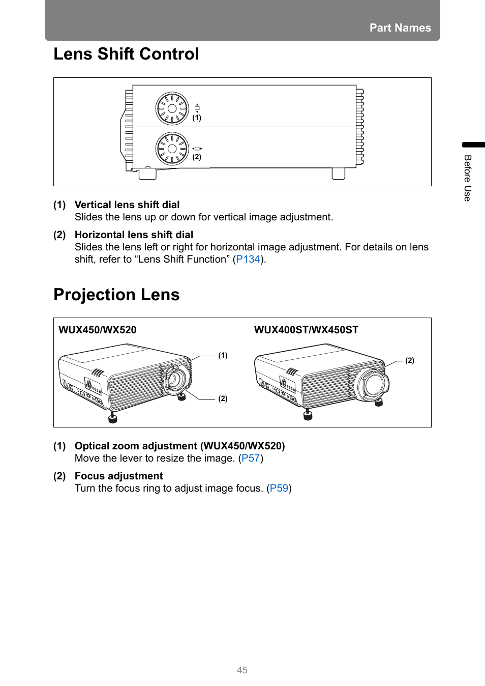 Lens shift control, Projection lens | Canon XEED WUX450 User Manual | Page 45 / 314