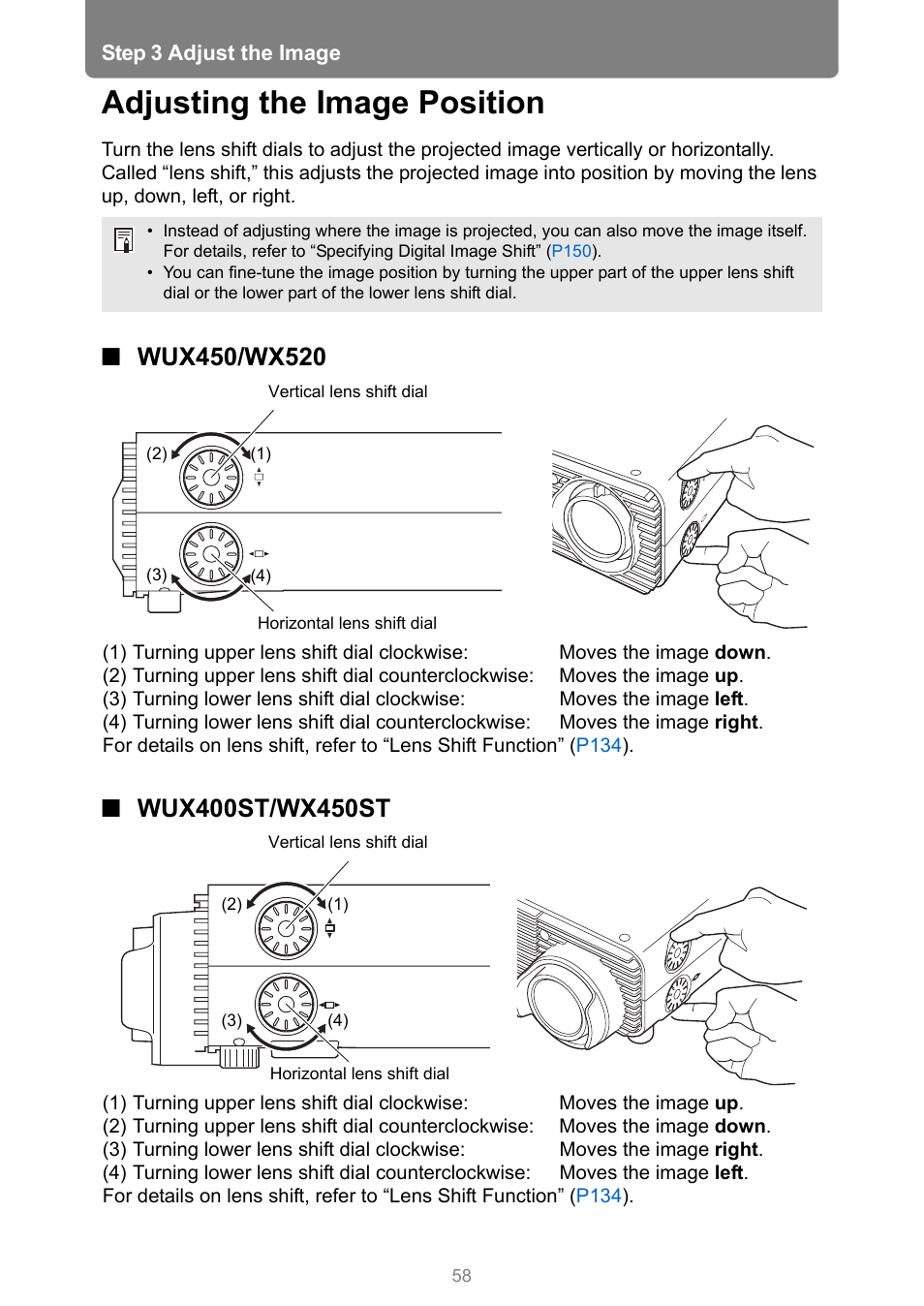 Adjusting the image position, Wux450/wx520, Wux400st/wx450st | Canon XEED WUX450 User Manual | Page 58 / 314