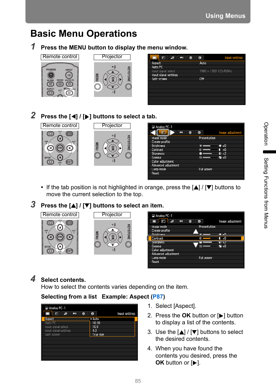 Basic menu operations, Ok button | Canon XEED WUX450 User Manual | Page 85 / 314