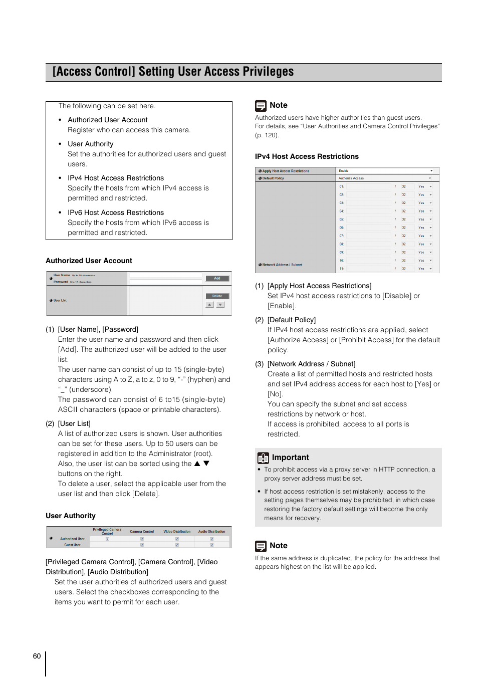 Access control] setting user access privileges, S (p. 60) | Canon VB-S800D User Manual | Page 60 / 176