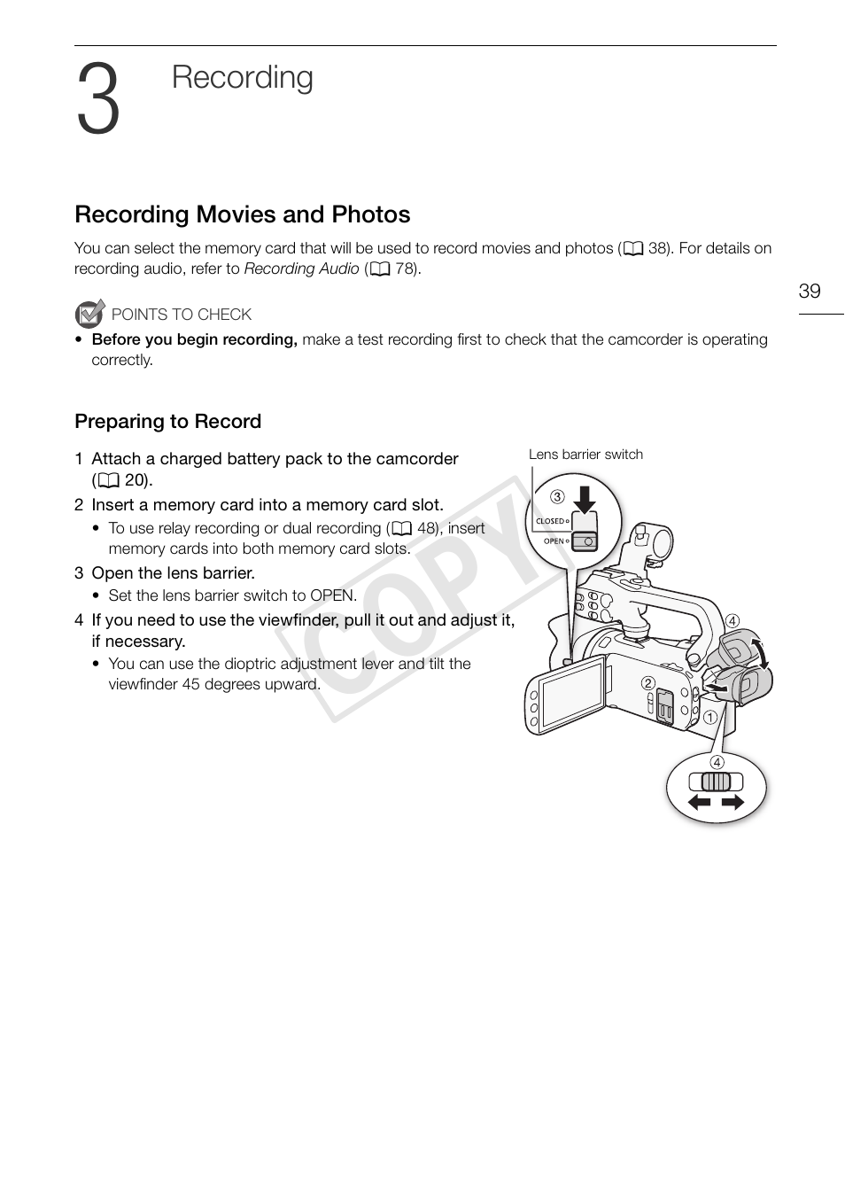 3 recording 39, Recording movies and photos 39, Preparing to record 39 | Cop y, Recording | Canon XA20 User Manual | Page 39 / 184