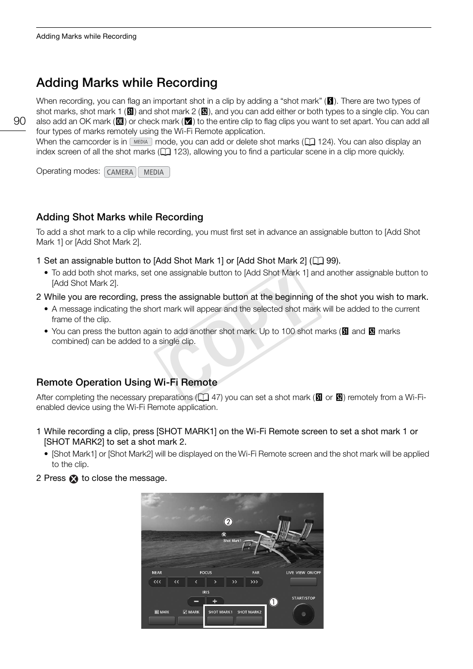 Adding marks while recording 90, Adding shot marks while recording 90, Remote operation using wi-fi remote 90 | Cop y | Canon EOS C300 User Manual | Page 90 / 186