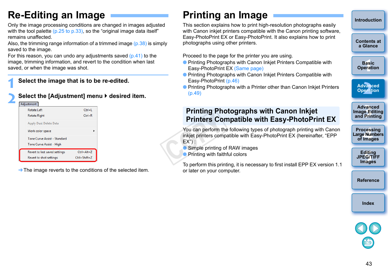 Re-editing an image, Printing an image, P.43 | P.43, p, P.43, p.46), P.43), Cop y | Canon EOS 60DA User Manual | Page 44 / 150