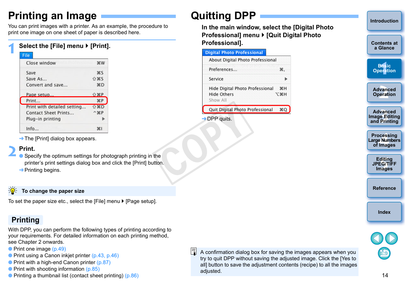 Printing an image, Quitting dpp, Printing | Cop y | Canon PowerShot G1 X User Manual | Page 15 / 150