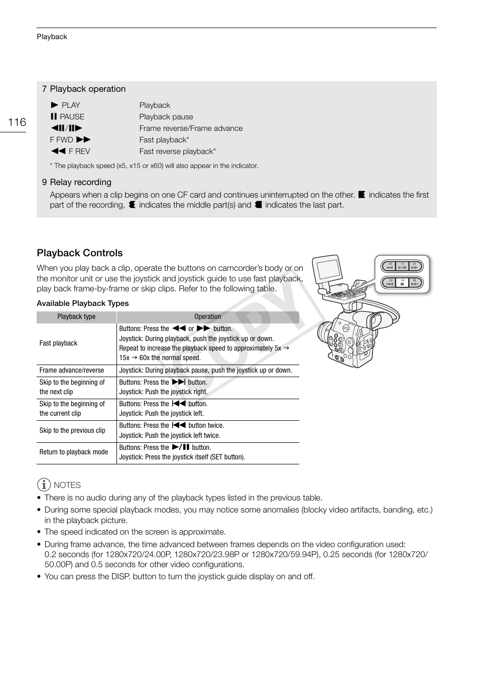 Playback controls 116, Cop y | Canon EOS C300 PL User Manual | Page 116 / 186