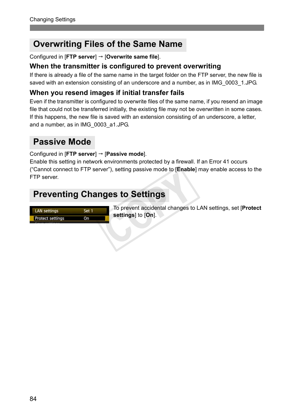 Overwriting files of the same name, Passive mode, Preventing changes to settings | Cop y | Canon Wireless Transmitter WFT-E6A User Manual | Page 84 / 126
