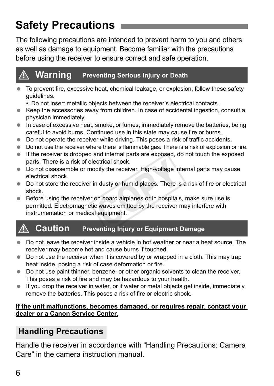 Cop y, Safety precautions | Canon GPS Receiver GP-E1 User Manual | Page 32 / 228
