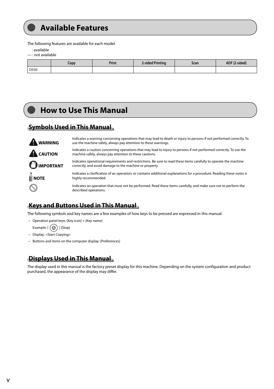 Available features, How to use this manual, Symbols used in this manual | Keys and buttons used in this manual, Displays used in this manual | Canon imageCLASS D550 User Manual | Page 8 / 116