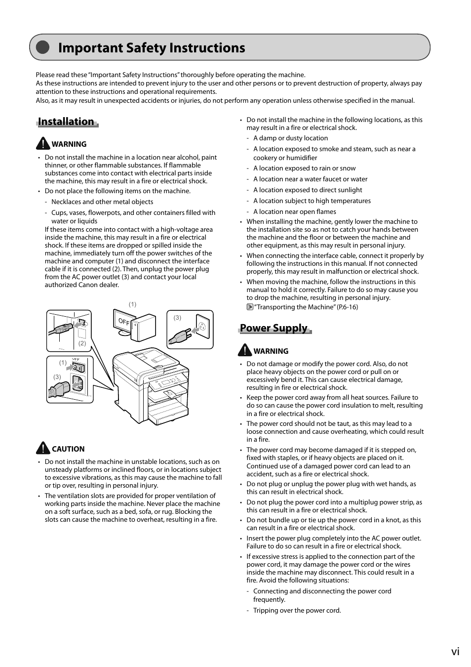 Important safety instructions, Installation, Power supply | Canon imageCLASS D550 User Manual | Page 9 / 116