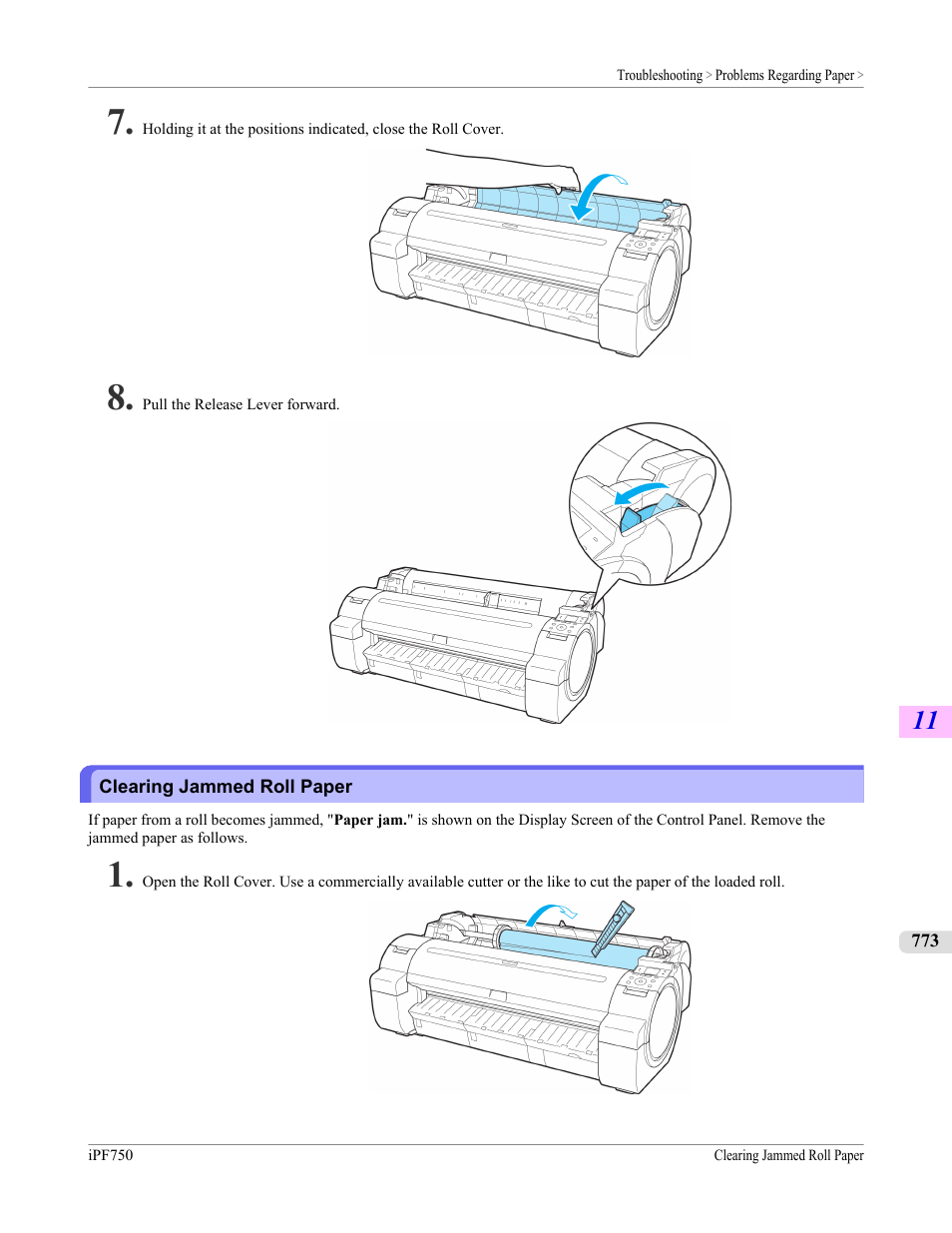 Clearing jammed roll paper | Canon imagePROGRAF iPF750 MFP M40 User Manual | Page 789 / 878