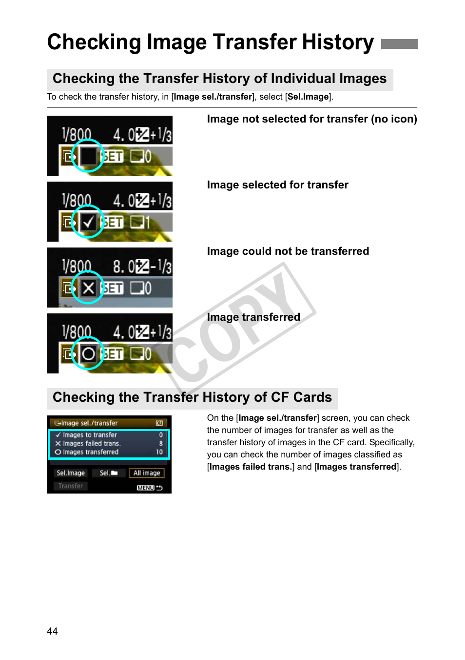 Checking image transfer history, Checking the transfer history of individual images, Checking the transfer history of cf cards | Cop y | Canon Wireless Transmitter WFT-E5A User Manual | Page 44 / 132