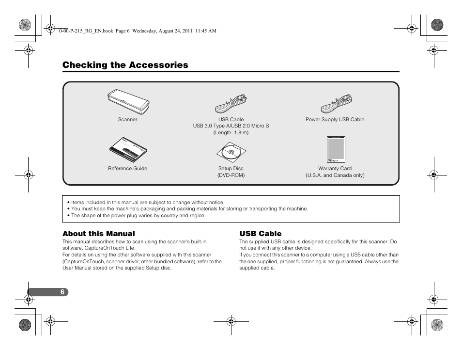 Checking the accessories, About this manual, Usb cable | Canon imageFORMULA P-215 Scan-tini Personal Document Scanner User Manual | Page 7 / 55