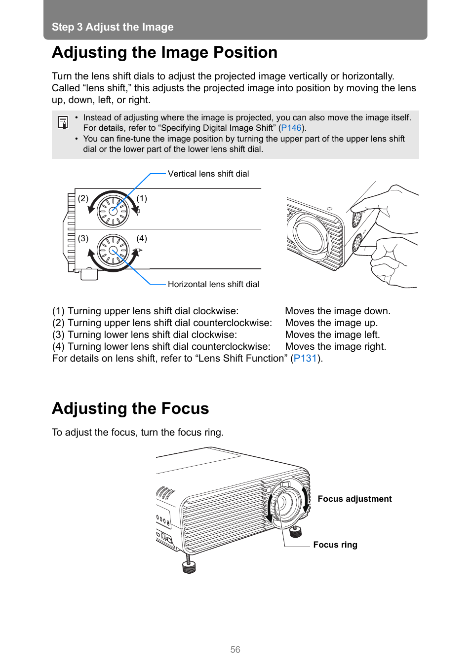 Adjusting the image position, Adjusting the focus | Canon XEED WUX450 User Manual | Page 56 / 308