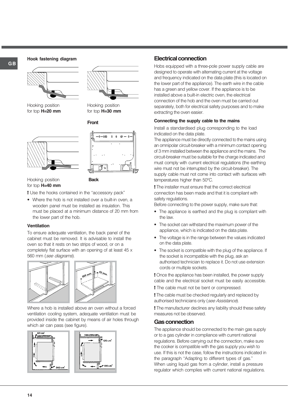 Electrical connection, Gas connection | Hotpoint Ariston TD 640 S (ICE) IX-HA User Manual | Page 14 / 56