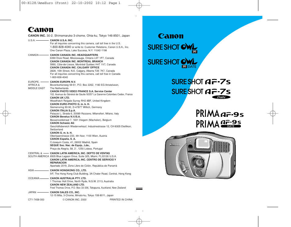 Canon Prima AF-9s Set User Manual | 127 pages
