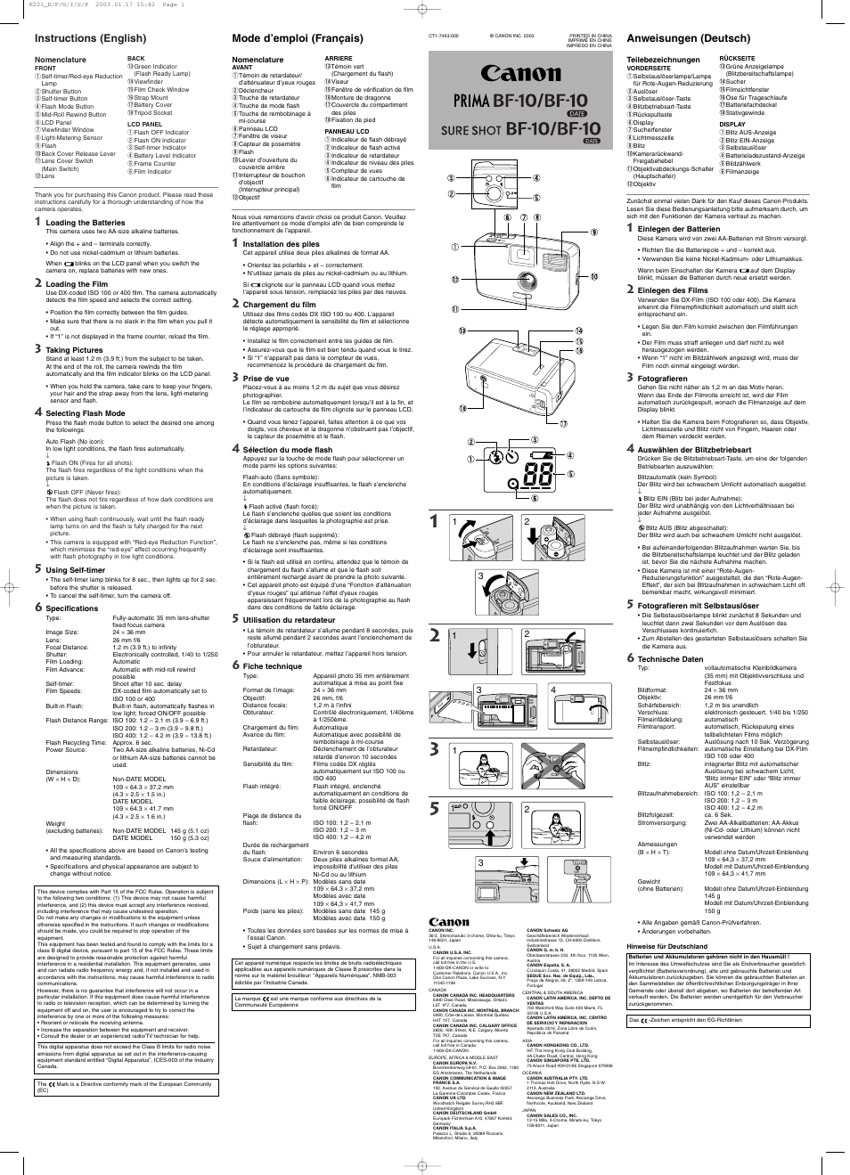 Canon Prima BF-10 User Manual | 2 pages