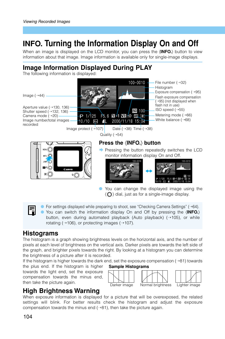 Turning the information display on and off, Info, Image information displayed during play | Histograms, High brightness warning | Canon EOS D30 User Manual | Page 104 / 152