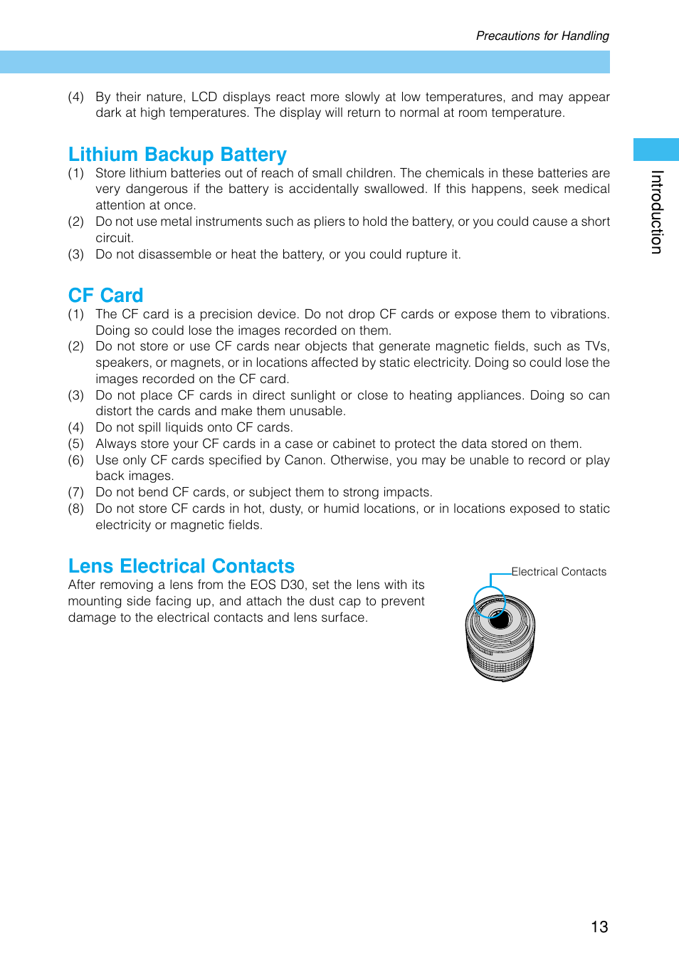 Lithium backup battery, Cf card, Lens electrical contacts | Canon EOS D30 User Manual | Page 13 / 152