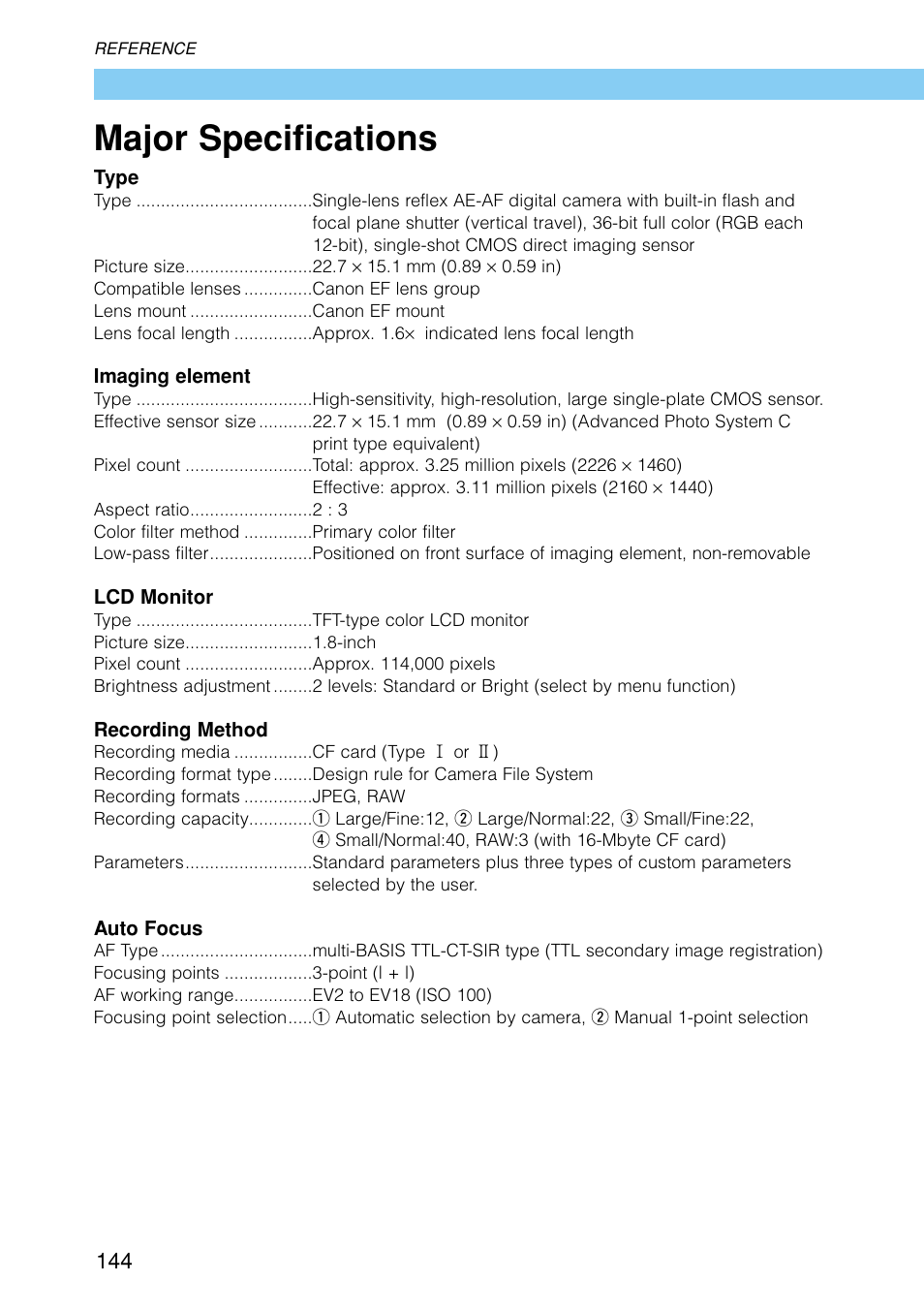 Major specifications | Canon EOS D30 User Manual | Page 144 / 152