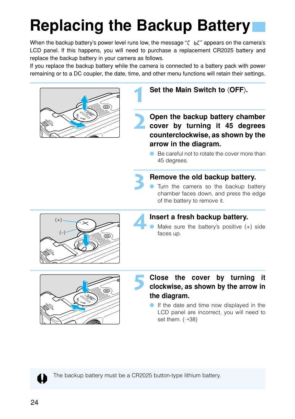 Replacing the backup battery | Canon EOS D30 User Manual | Page 24 / 152
