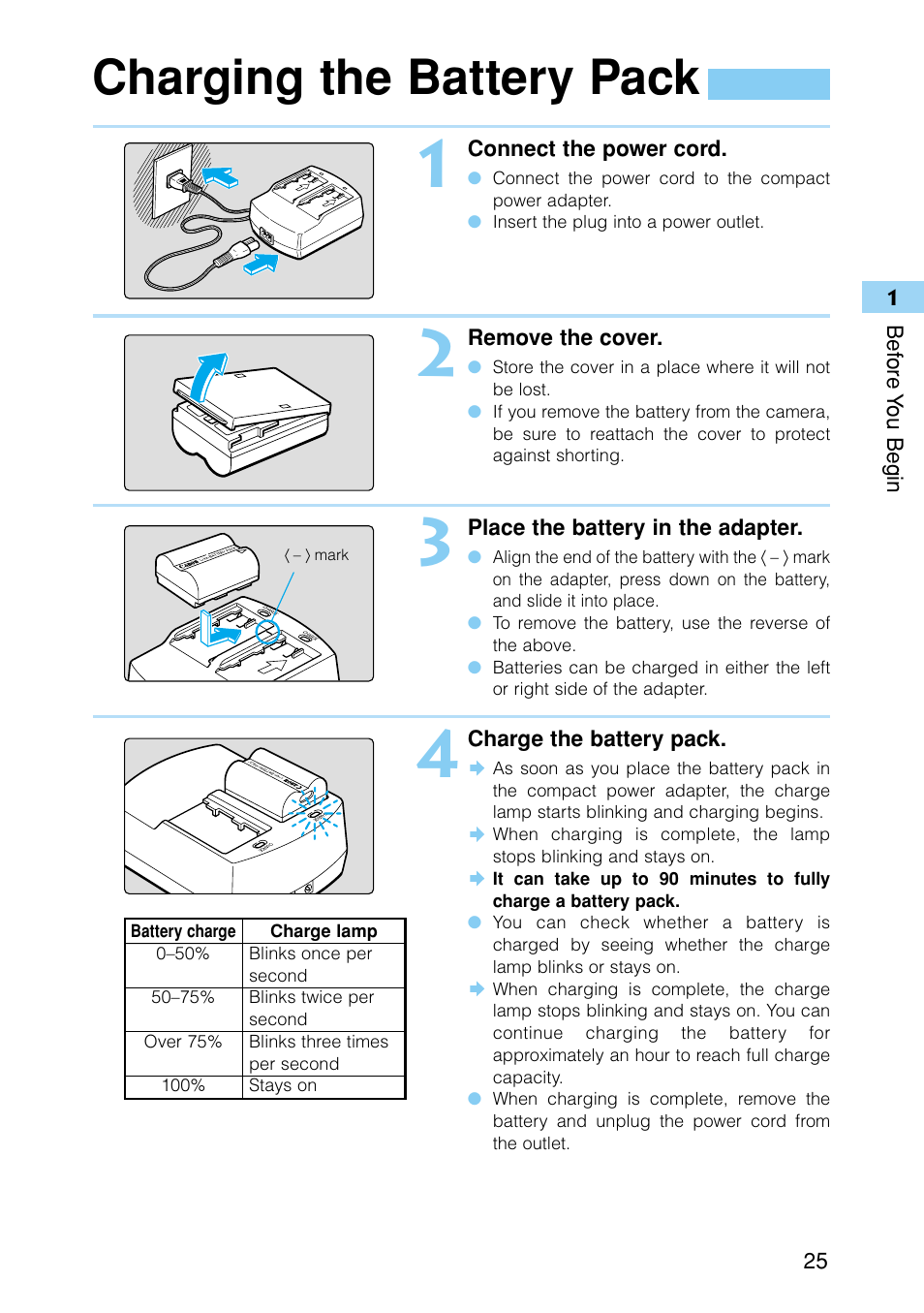 Charging the battery pack | Canon EOS D30 User Manual | Page 25 / 152