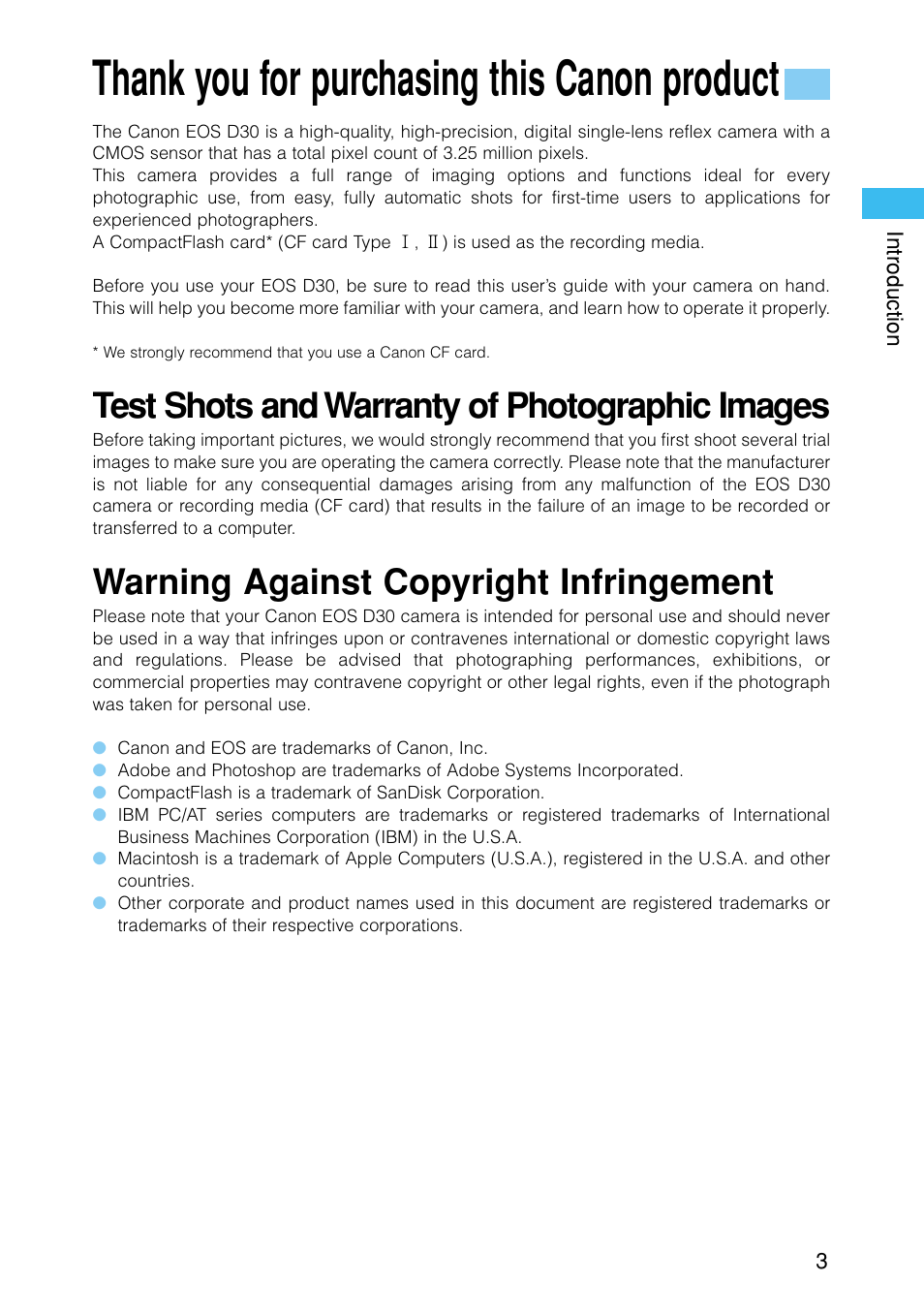 Test shots and warranty of photographic images, Warning against copyright infringement | Canon EOS D30 User Manual | Page 3 / 152
