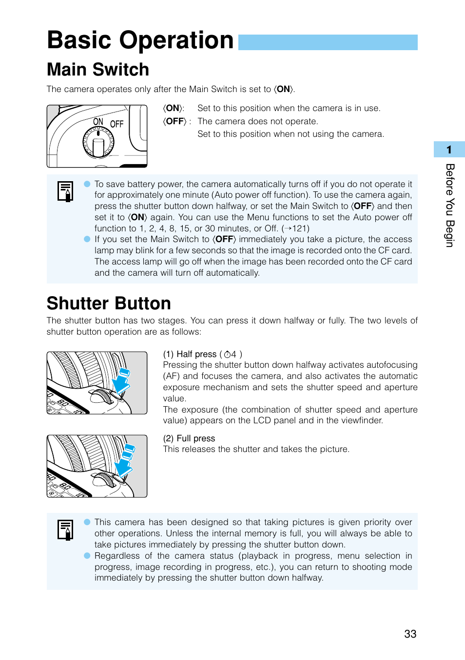 Basic operation, Shutter button, Main switch | Canon EOS D30 User Manual | Page 33 / 152