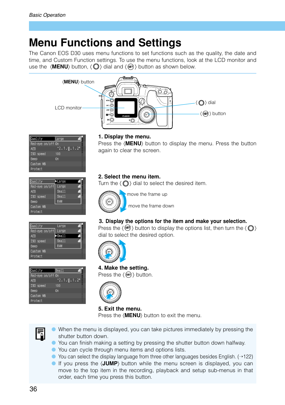 Menu functions and settings | Canon EOS D30 User Manual | Page 36 / 152