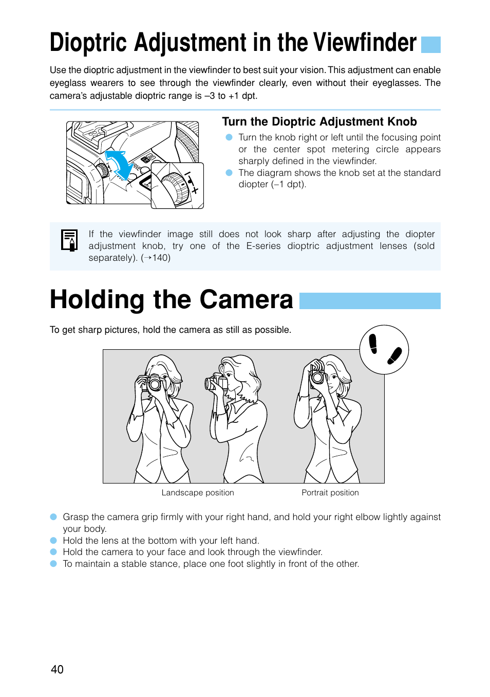 Dioptric adjustment in the viewfinder, Holding the camera | Canon EOS D30 User Manual | Page 40 / 152