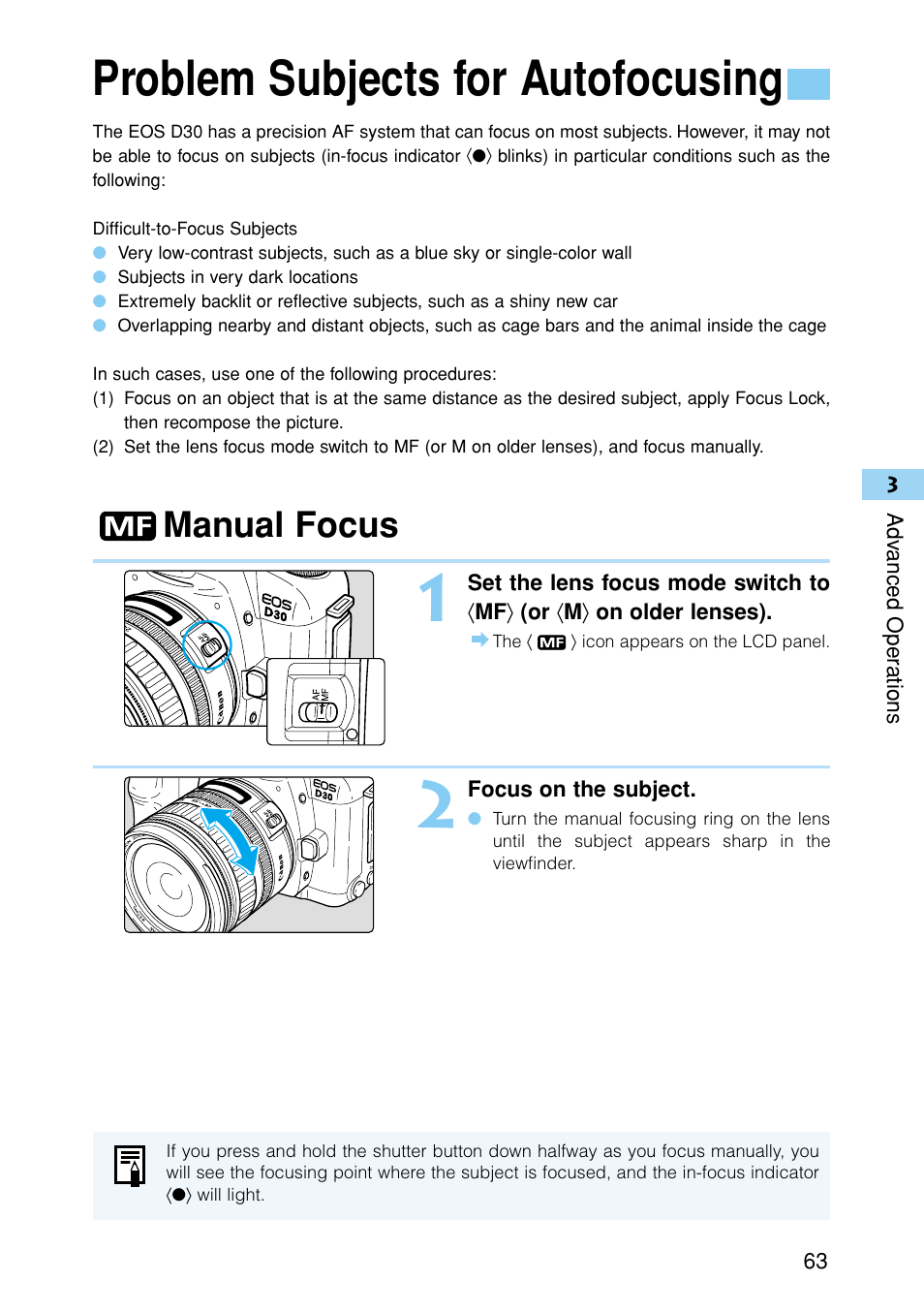 Problem subjects for autofocusing, Manual focus | Canon EOS D30 User Manual | Page 63 / 152