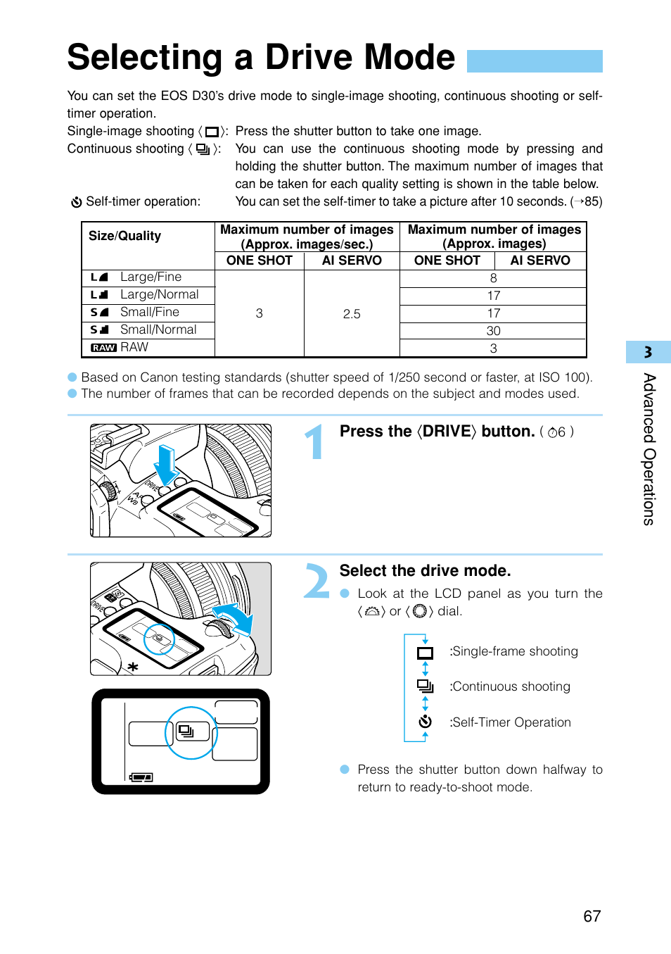 Selecting a drive mode | Canon EOS D30 User Manual | Page 67 / 152