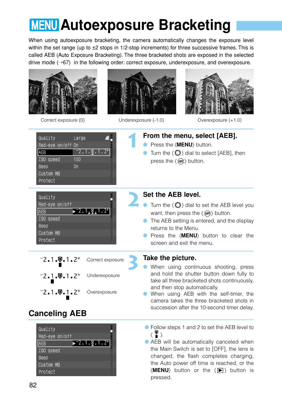 Autoexposure bracketing, Canceling aeb | Canon EOS D30 User Manual | Page 82 / 152