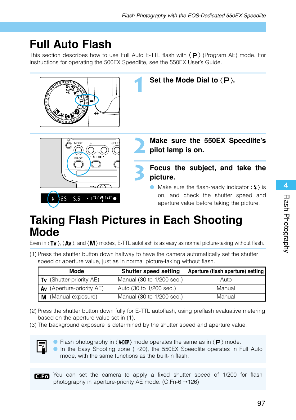 Full auto flash, Taking flash pictures in each shooting mode | Canon EOS D30 User Manual | Page 97 / 152