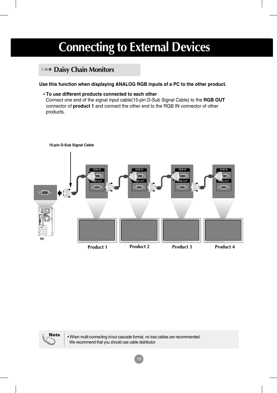 Daisy chain monitors, Connecting to external devices | LG M3202C-BA User Manual | Page 11 / 68
