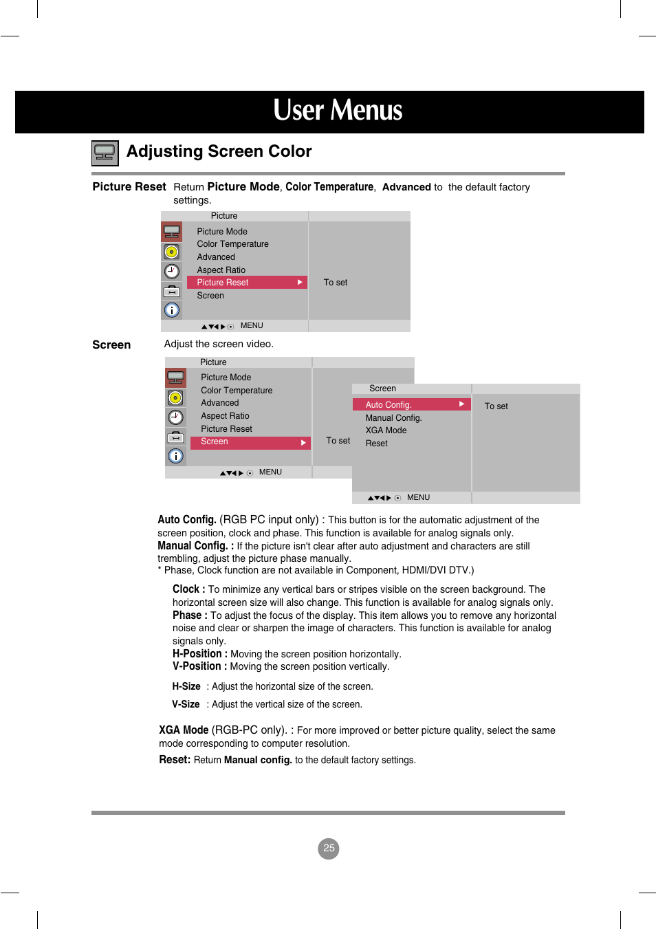 User menus, Adjusting screen color | LG M3202C-BA User Manual | Page 26 / 68