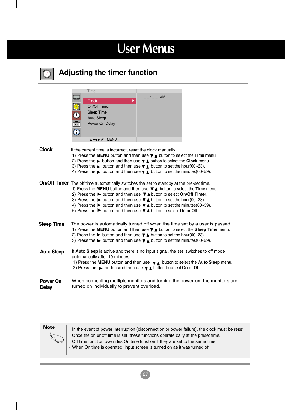 Adjusting the timer function, User menus | LG M3202C-BA User Manual | Page 28 / 68