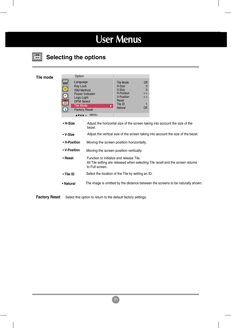 User menus, Selecting the options | LG M3202C-BA User Manual | Page 32 / 68