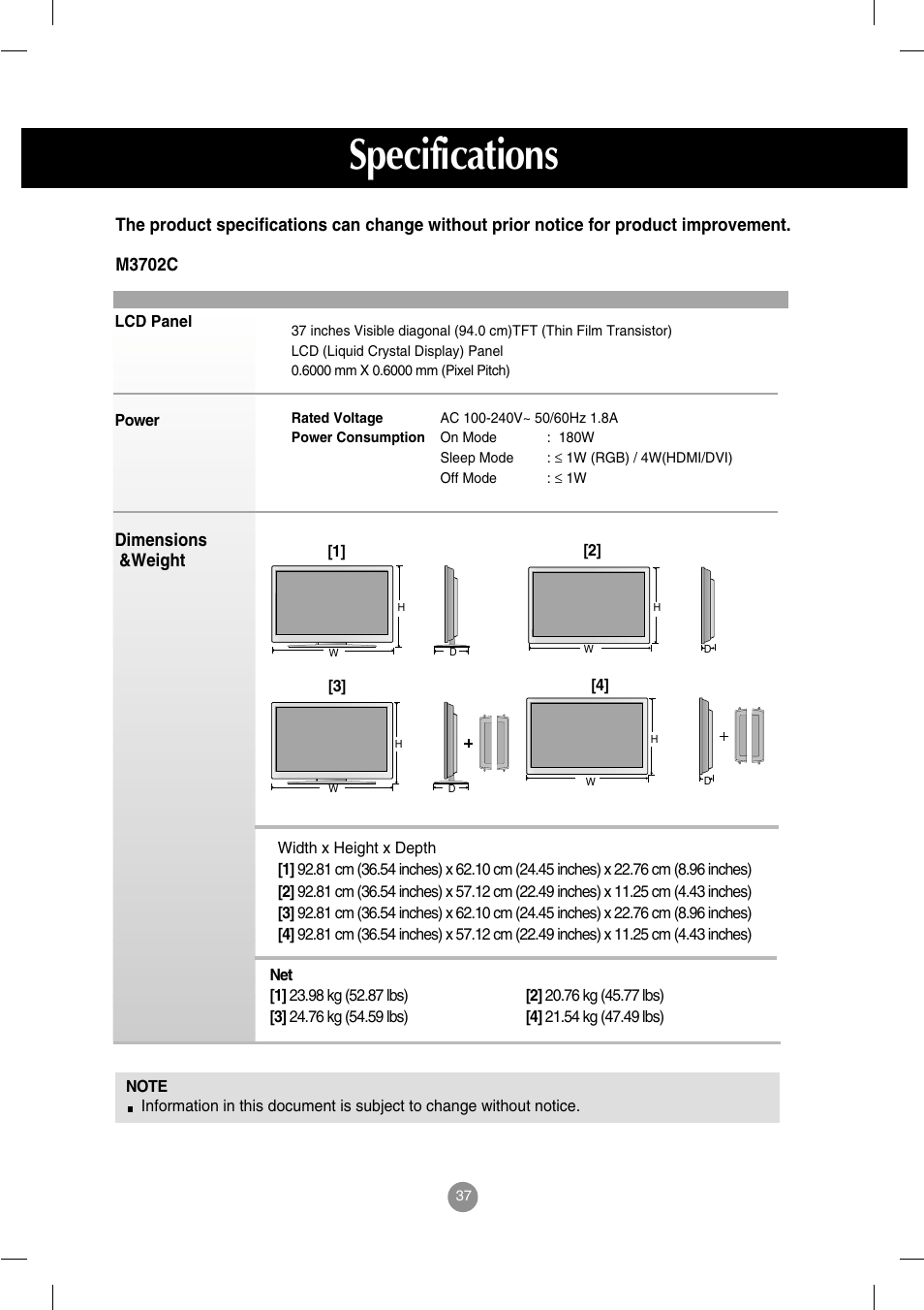 M3702c, Specifications | LG M3202C-BA User Manual | Page 38 / 68