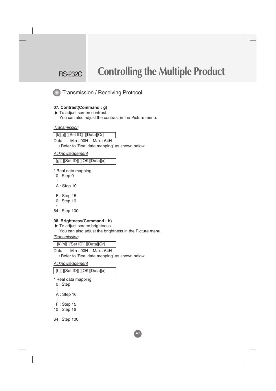 Controlling the multiple product, Rs-232c, Transmission / receiving protocol | LG M3202C-BA User Manual | Page 47 / 68