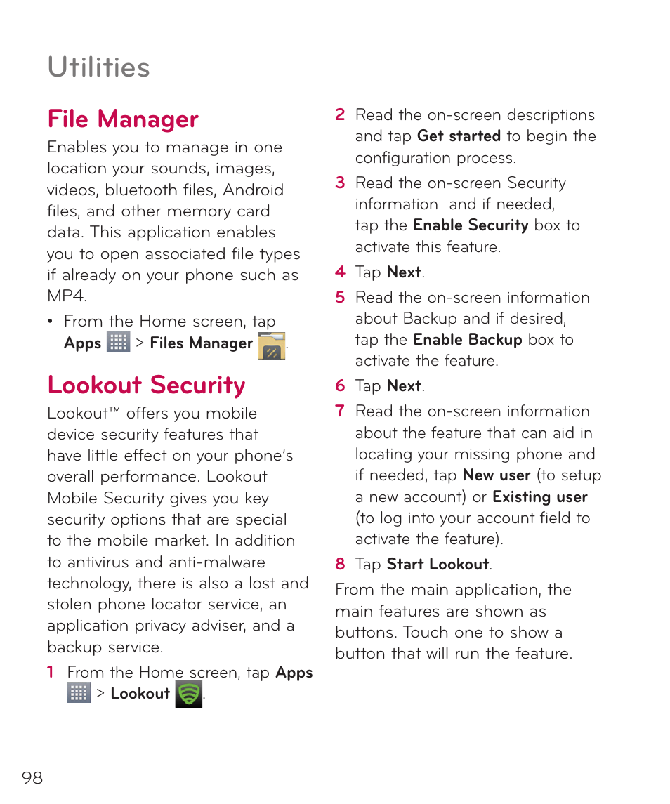 File manager, Lookout security, File manager lookout security | Utilities | LG LGP769BK User Manual | Page 100 / 167