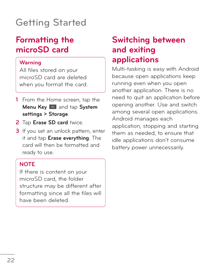 Formatting the microsd card, Switching between and exiting applications, Getting started | LG LGP769BK User Manual | Page 24 / 167