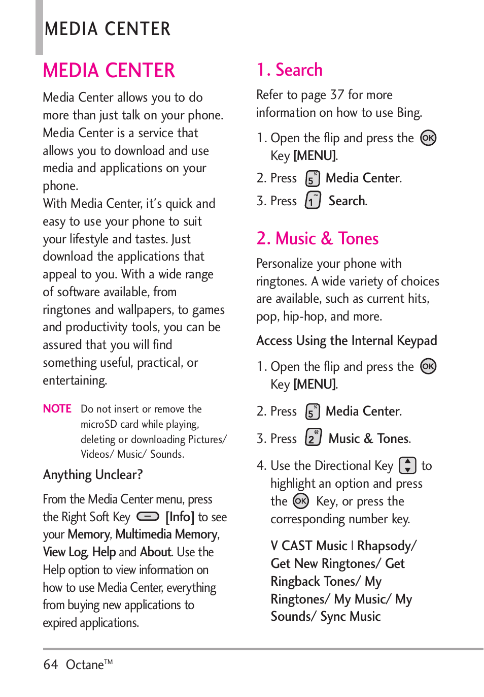 Media center, Search, Music & tones | Search 2. music & tones | LG Octane VN530 User Manual | Page 66 / 345