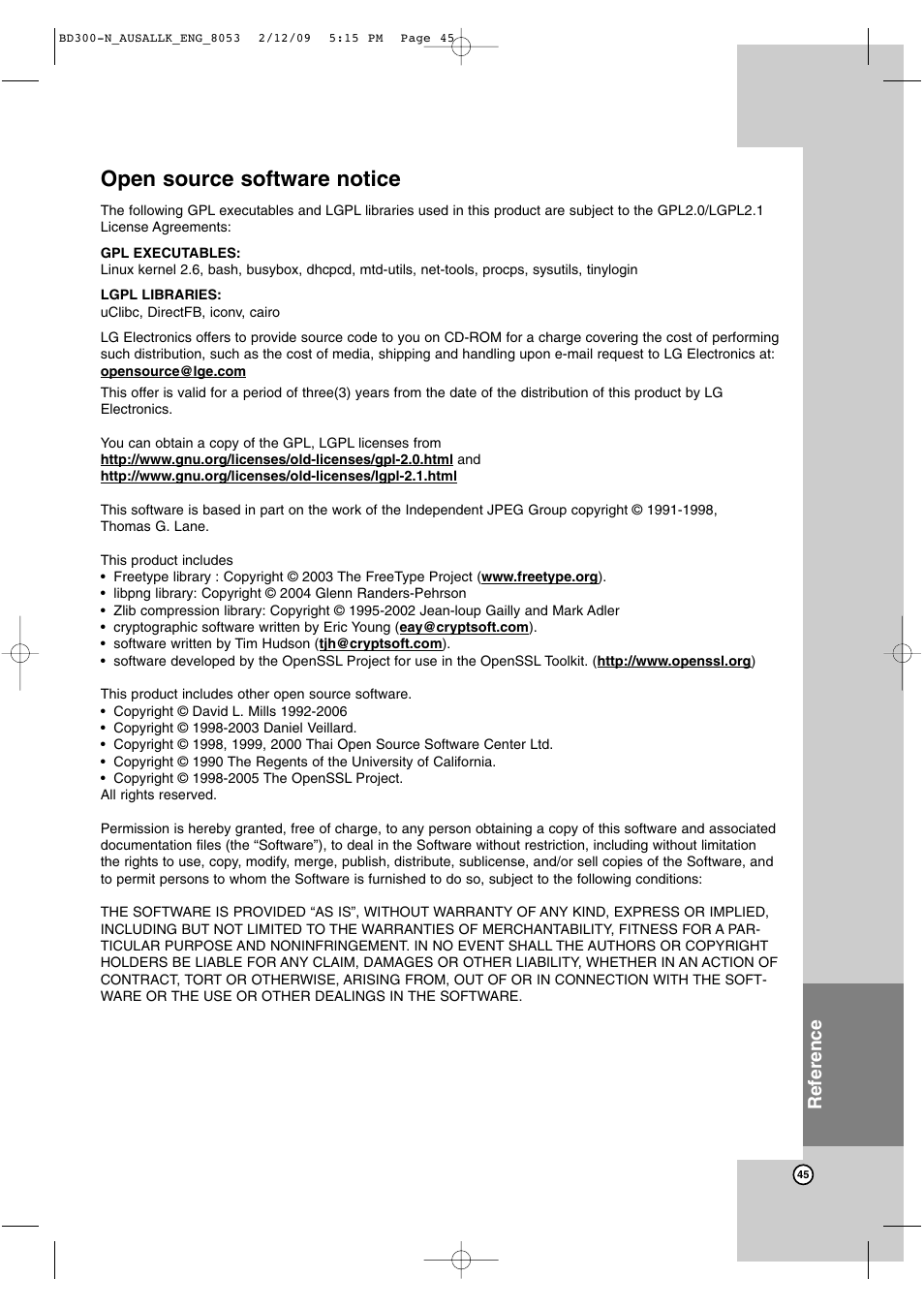 Open source software notice, Reference | LG BD300 User Manual | Page 45 / 48