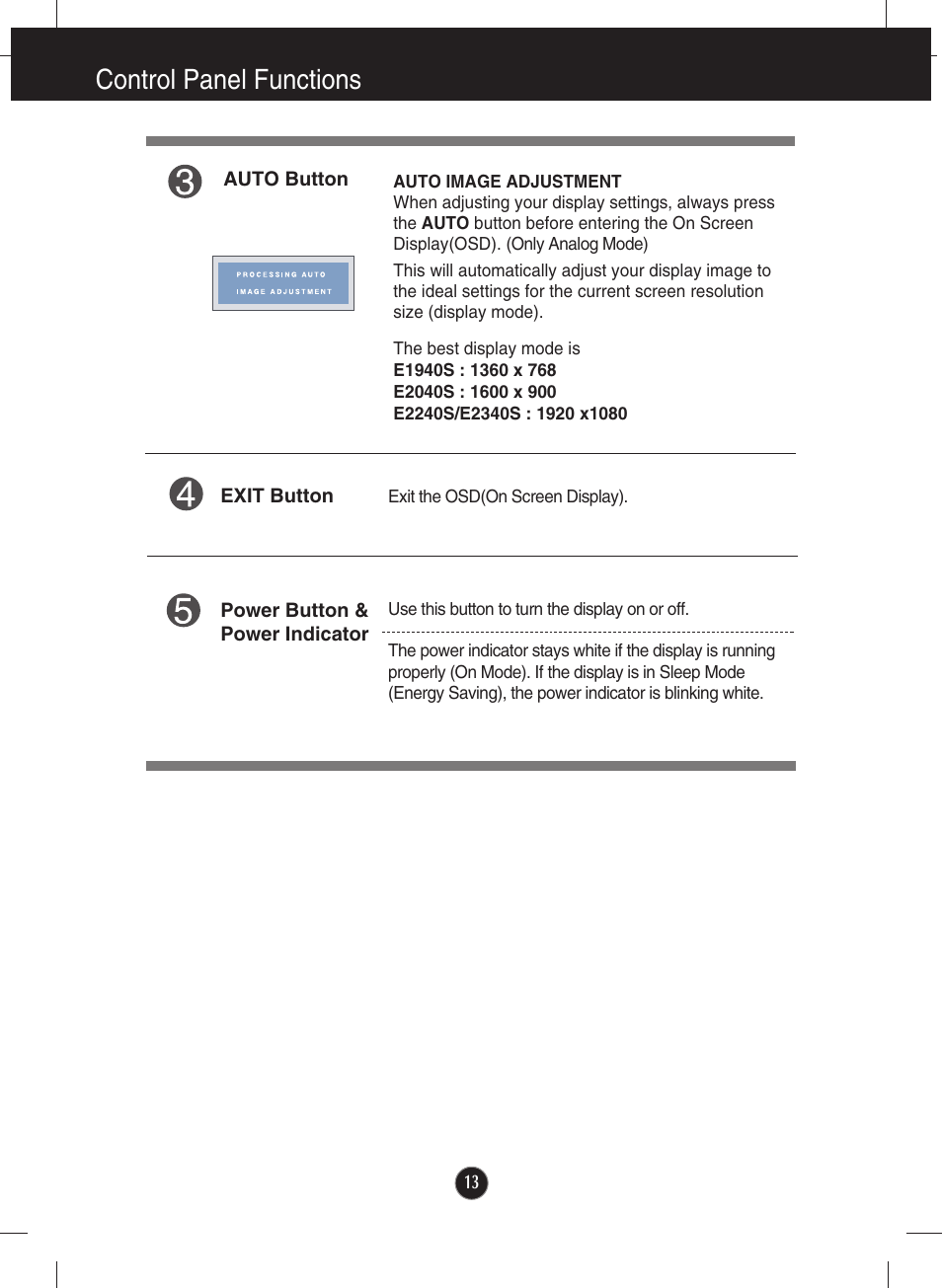 Control panel functions | LG E2040T-PN User Manual | Page 14 / 39