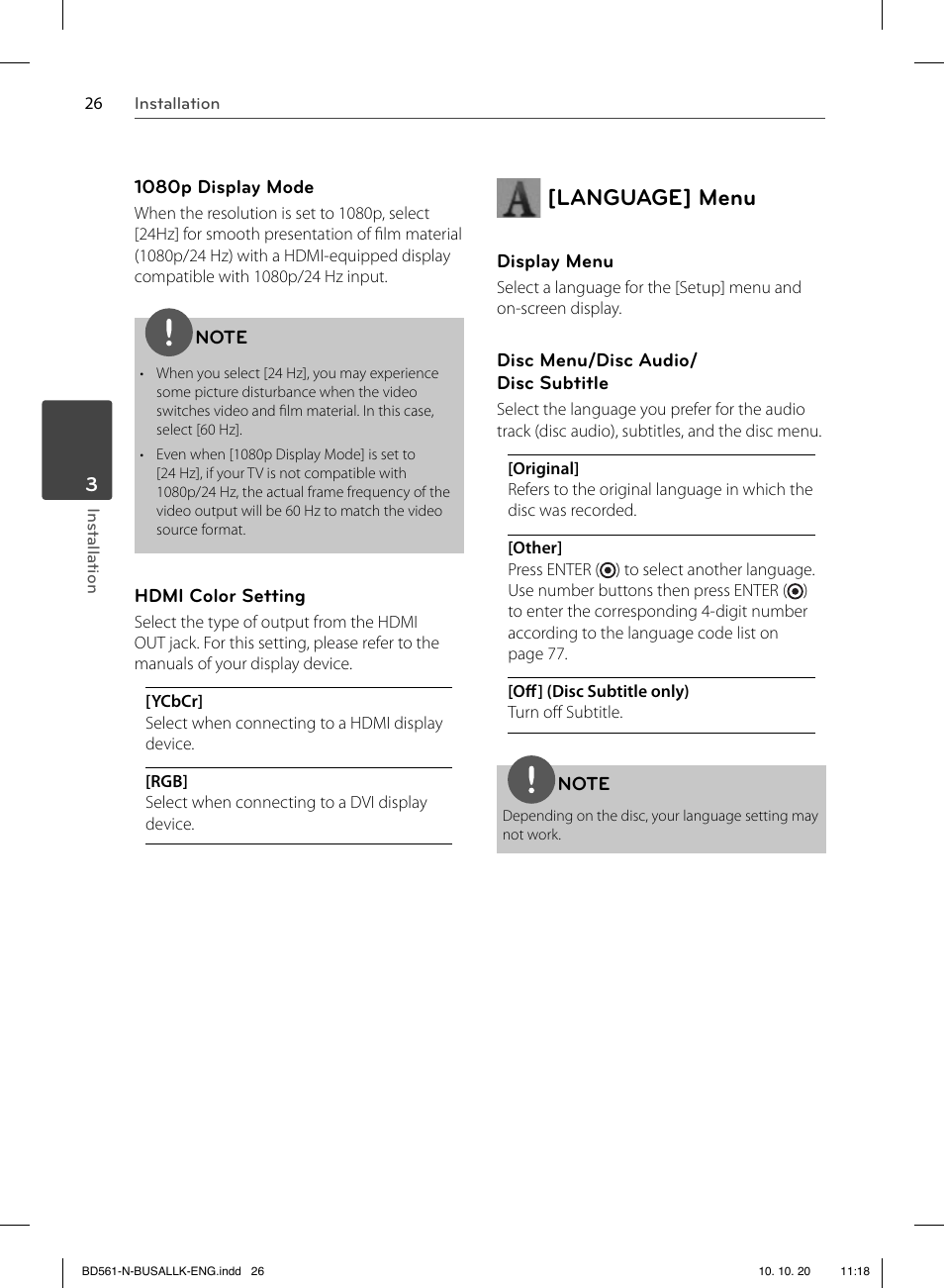 Language] menu | LG BD550 User Manual | Page 26 / 92
