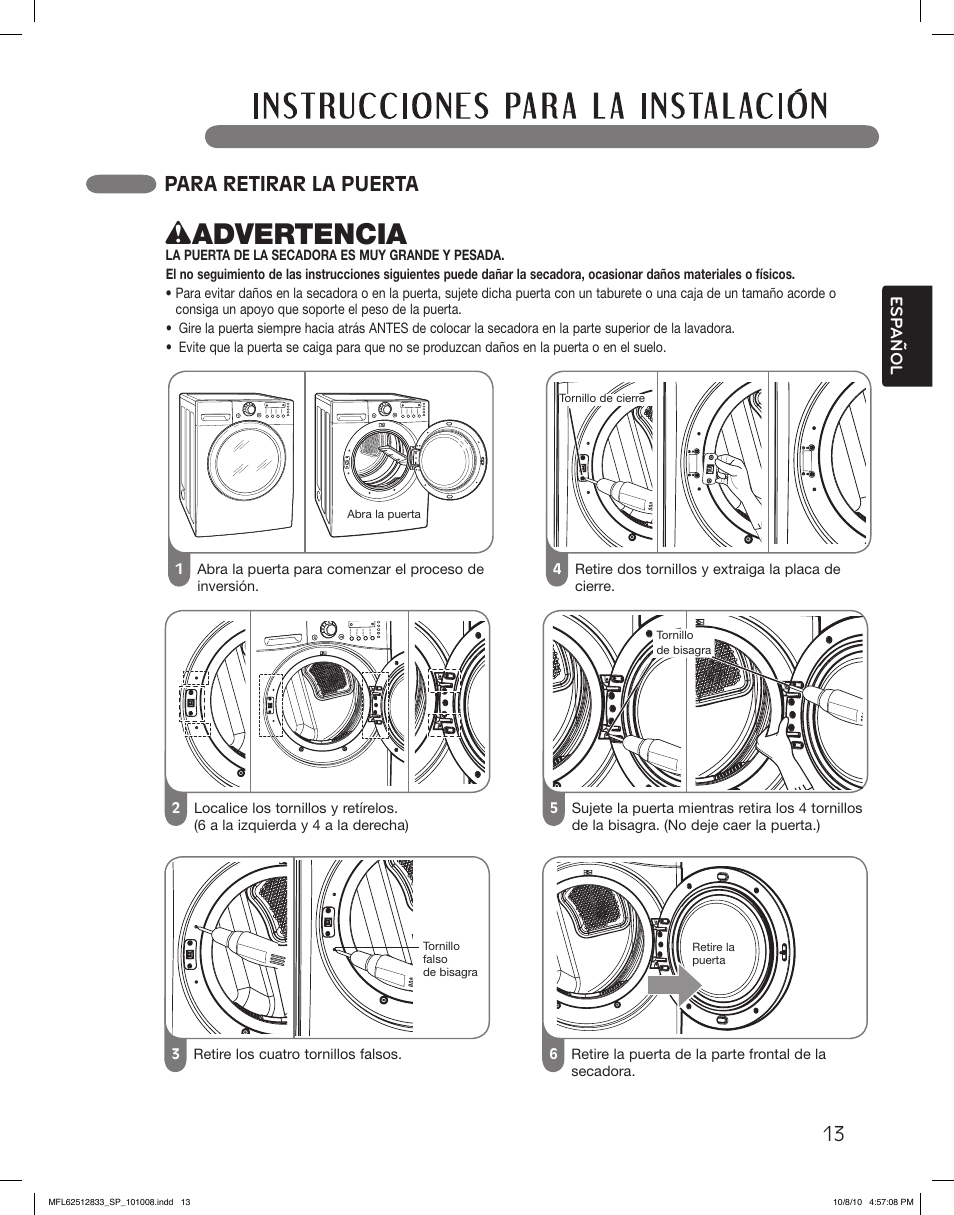 Wadvertencia, Para retirar la puerta | LG DLGX3361R User Manual | Page 61 / 148