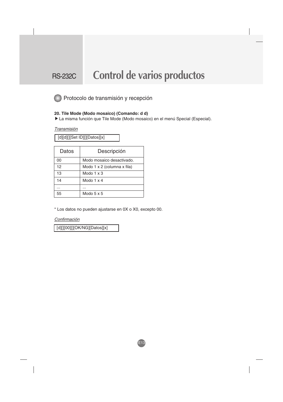 Control de varios productos, Rs-232c, Protocolo de transmisión y recepción | LG M4212C-BA User Manual | Page 53 / 67