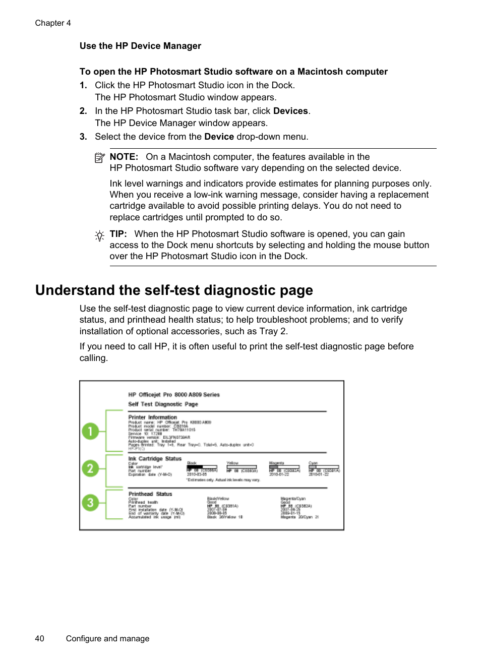 Use the hp device manager, Understand the self-test diagnostic page | HP Officejet Pro 8000 - A809 User Manual | Page 44 / 140