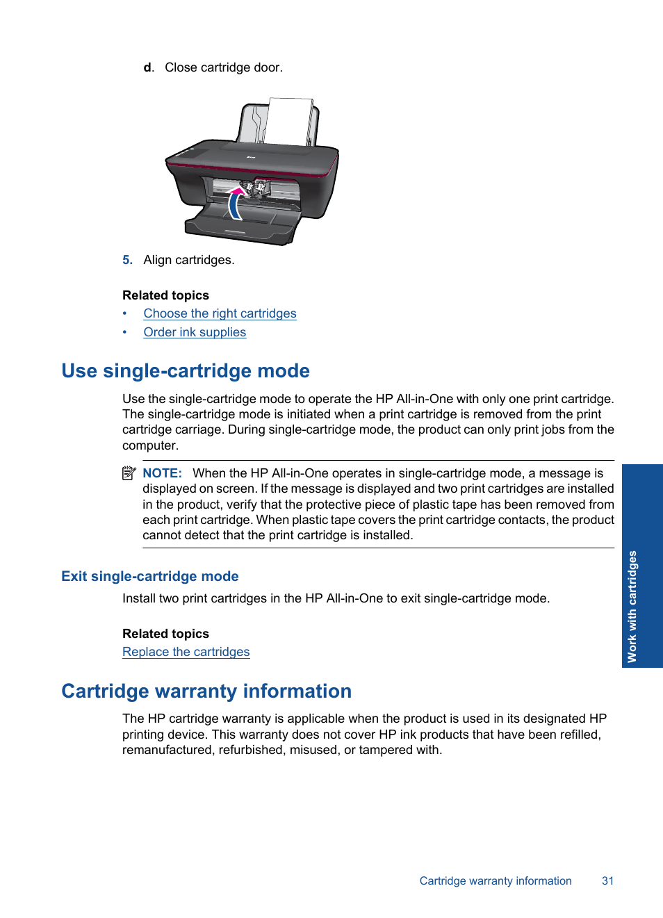 Use single-cartridge mode, Exit single-cartridge mode, Cartridge warranty information | HP Deskjet 2050 User Manual | Page 33 / 54
