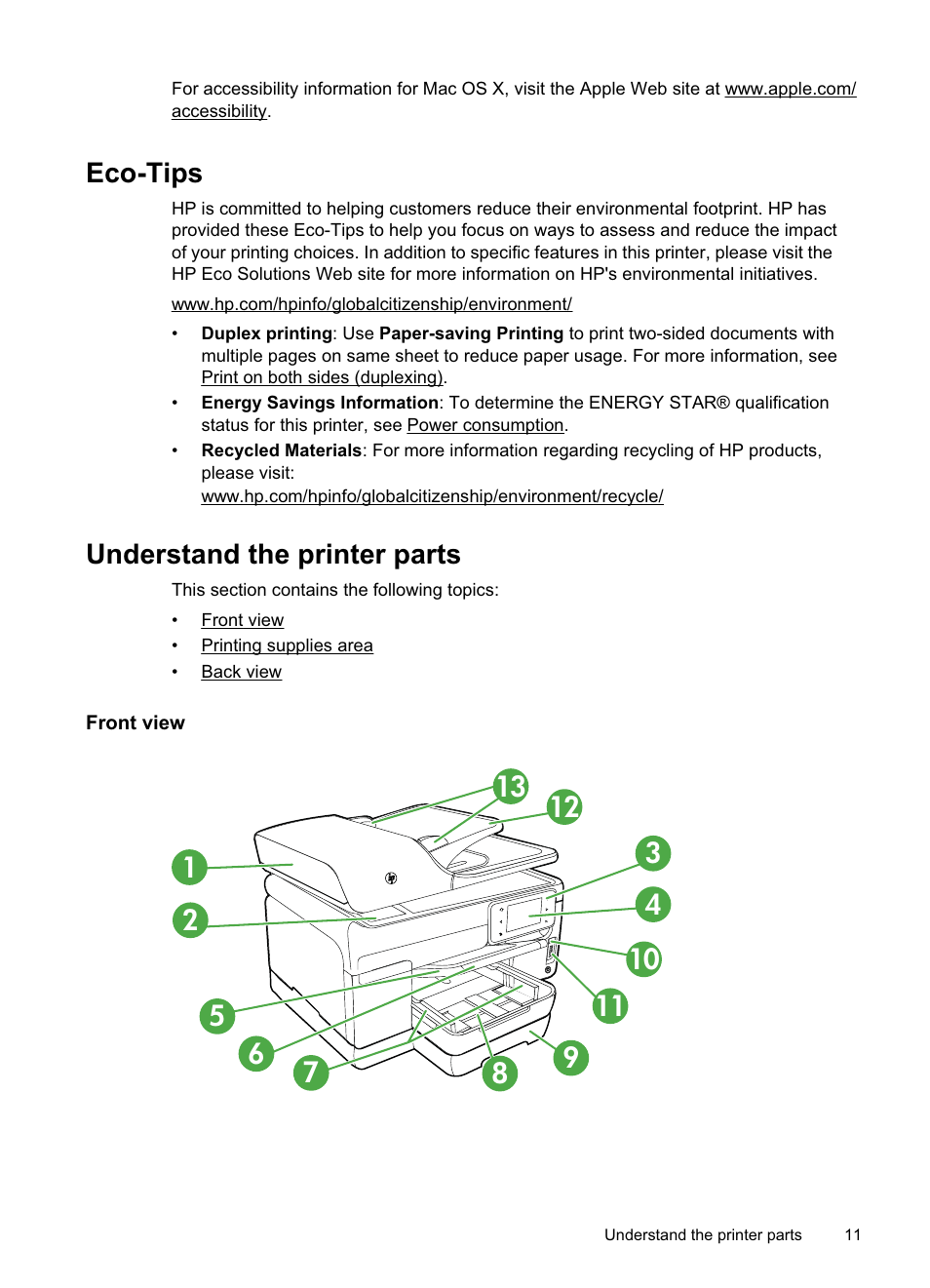 Eco-tips, Understand the printer parts, Front view | Eco-tips understand the printer parts, Front view printing supplies area back view | HP Officejet Pro 8500A User Manual | Page 15 / 246
